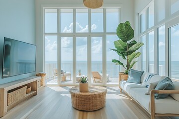 Wall Mural - Bright coastal living room with ocean view and plants.