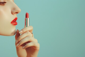 Close-up of a womanâ€™s hand with lipstick, focusing on the elegance and feminine charm of the gesture, set against a solid color backdrop, with a cropped view