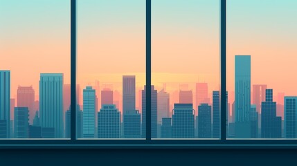 Sticker - Cityscape Elegance: Look through the window at a stunning cityscape with intricate buildings. The city's modern beauty is evident, both during the day and at night. High resolution Illustration, in