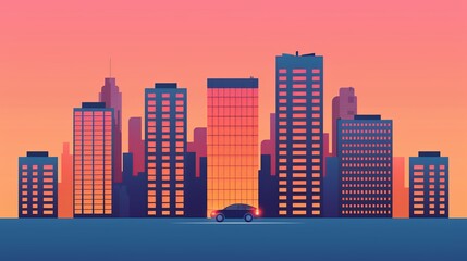 Sticker - Room with Cityscape View: Look out the window at a cityscape with large, detailed buildings. The modern city's beauty is evident, glowing both day and night. High resolution Illustration, in the