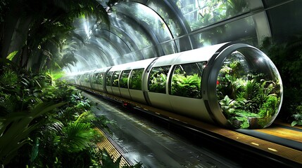 Futuristic Train Station with Tropical Plants and Glass Roof