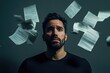 © kitipol - A portrait of a man with visible worry on his face, surrounded by polished invoices against a solid grey backdrop. The anxiety is highlighted by professional color grading in a 16k resolution