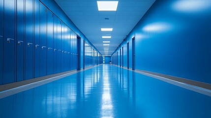 Blue Hallway with Lockers and Reflective Floor