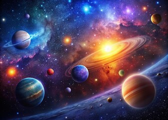 Wall Mural - Stunning View of a Colorful Galaxy in the Depths of Space with Planets and Stars Illuminating Darkness