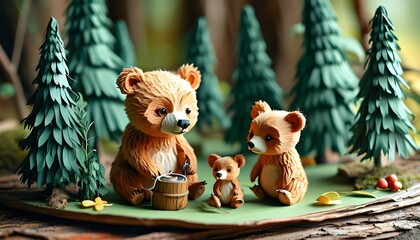 Adorable bear in a quaint village surrounded by coniferous trees in a charming paper cut illustration for a nursery theme