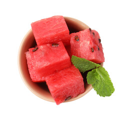 Poster - Pieces of tasty watermelon and mint in bowl isolated on white, top view