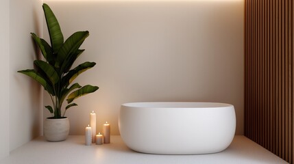 Poster - Minimalist Bathroom Interior Design with Bathtub  Plant  and Candles