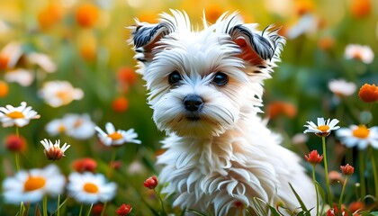 Charming illustration of a fluffy white puppy among vibrant flowers, perfect for a nursery and celebrating the joy of baby animals