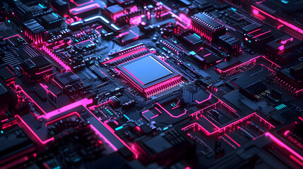 Poster - Futuristic Circuit Board with Neon Lights and Chips