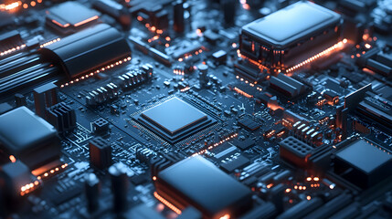 Poster - Close-Up of Circuit Board with Blue Light Effects