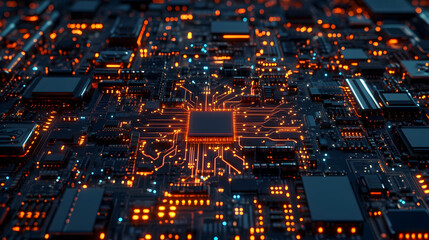 Poster - Abstract Circuit Board with Glowing Orange Patterns