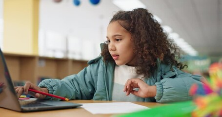 Poster - Girl, library and writing with laptop for education at primary school for online notes, project and assessment. Kid, elearning and smile with lesson or activity for brain development and growth