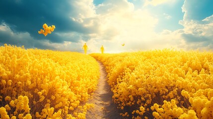 two figures walk on a path through a field of yellow flowers, with butterflies flying above them.