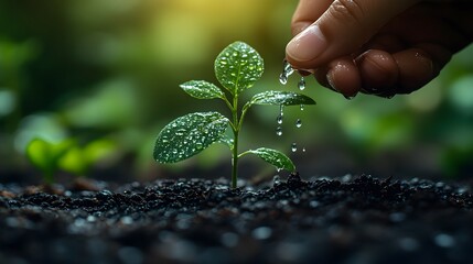 A hand waters a young sapling in moist soil, with water droplets falling gently, symbolizing growth and care in a serene natural environment.