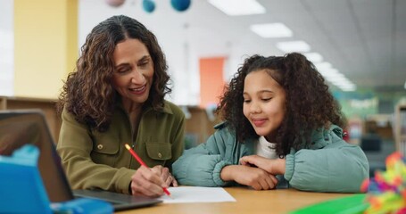 Wall Mural - Student, tutor and library with elearning help, support and teacher with child development and growth. Writing, mentor and listening at school with education, communication and campus learning