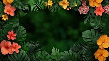 Wall Mural - Tropical Flower Border with Green Leaves and Copy Space