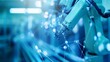 © Zhanna - A robotic arm in a futuristic factory setting, surrounded by digital connections. The cool blue tones and network effects emphasize advanced technology, automation, and modern manufacturing.