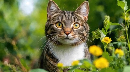 Wall Mural - A close-up of a tabby cat with bright eyes, surrounded by lush green foliage and yellow flowers, capturing a serene, nature-filled ambiance.