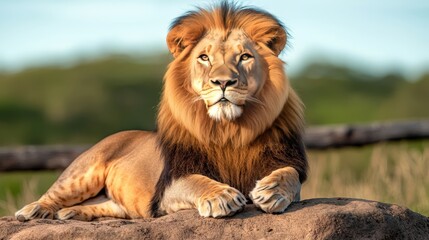 Wall Mural - Majestic Lion Resting on Rock in African Savanna   Wildlife Photography