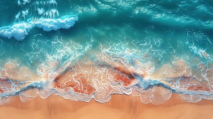 Canvas Print - Aerial drone view of the sea meeting the coastline, with waves crashing against sandy shores, perfect for travel, beach resorts, and coastal tourism advertisements. High resolution Illustration, in