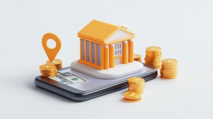 Poster - A smartphone displaying a bank building and coins, symbolizing digital banking and finance.