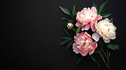 Wall Mural - A beautiful arrangement of pink and white peonies on a dark background.