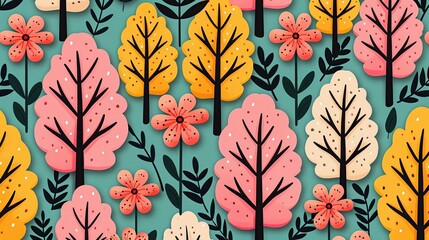 Poster - Geometric background with trees, flowers, and leaves in bright pastel tones, perfect for creating eye-catching editorial spreads and promotional content with a modern, natural touch. High resolution