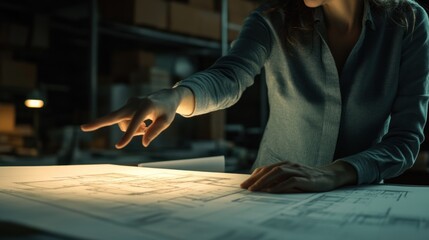 Canvas Print - A person analyzing architectural blueprints in a dimly lit workspace.