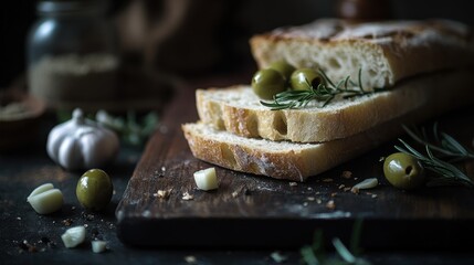 Canvas Print - Slices of bread with olives and garlic on a wooden board, evoking a rustic culinary scene.