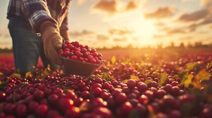 Wall Mural - A farmer harvesting red fruits at sunset in a vibrant field.