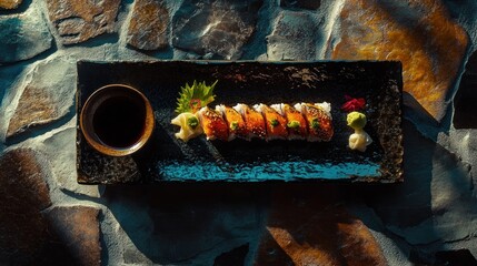 Canvas Print - A beautifully arranged sushi platter with dipping sauce and garnishes.