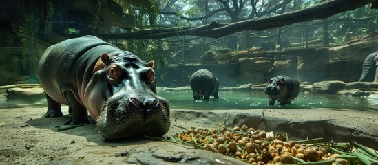 Hippopotamus Find Something To Eat On The Floor In The Zoo