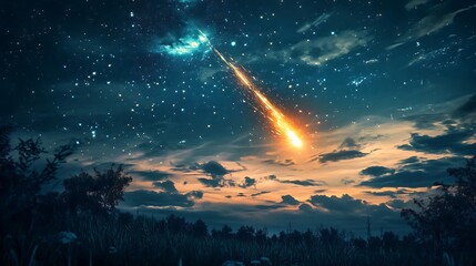 Wall Mural - a fiery meteor streaks across the night sky, illuminating the clouds and a field of grass.