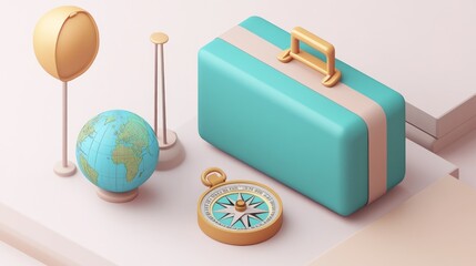 Canvas Print - A travel-themed composition featuring a suitcase, globe, compass, and a stand.