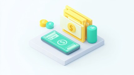 Poster - A digital wallet with cash, coins, and folders, symbolizing finance and transactions.