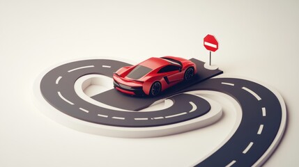 Wall Mural - A red sports car navigating a winding road with a stop sign.