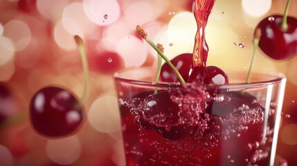 Canvas Print - A refreshing cherry drink splashes into a glass, surrounded by vibrant bokeh.