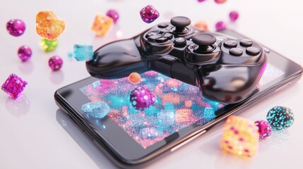 Canvas Print - A gaming controller rests on a smartphone displaying colorful digital elements.