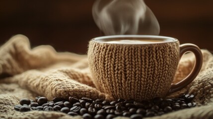 Canvas Print - A steaming cup of coffee placed on a cozy knit blanket with coffee beans scattered around.