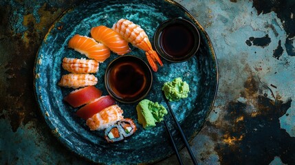 Poster - A beautifully arranged sushi platter with sauces and wasabi, ideal for dining.