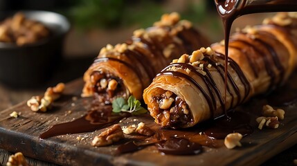 Wall Mural - Close-up of chocolate-drizzled phyllo pastries with nuts on a wooden board.