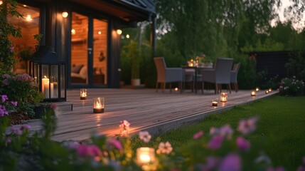 Canvas Print - A cozy outdoor deck with candles and flowers, ideal for relaxation and gatherings.