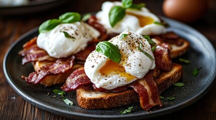 Wall Mural - A plate of poached eggs on toast with crispy bacon and fresh basil.