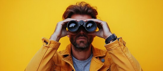 Man Looking Through Binoculars Against a Yellow Background