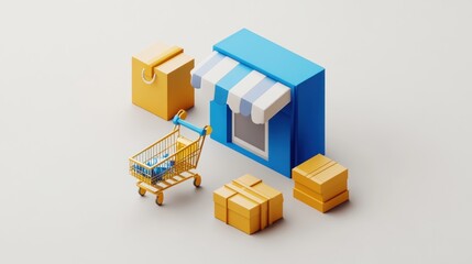 Wall Mural - A colorful 3D illustration of a shop with packages and a shopping cart, symbolizing commerce.