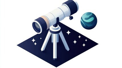 Wall Mural - a telescope aimed at a planet with stars in the background, representing astronomy exploration.