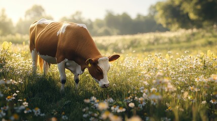 Wall Mural - Contented Cow Grazing in Sunlit Pasture