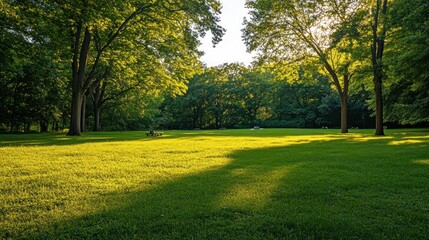 A serene park scene with lush green grass and trees illuminated by sunlight.