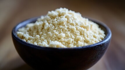 Canvas Print - A close-up view of finely ground flour in a wooden bowl, emphasizing texture and color.