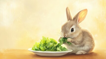 Fluffy Rabbit Eating Fresh Greens from a Dish